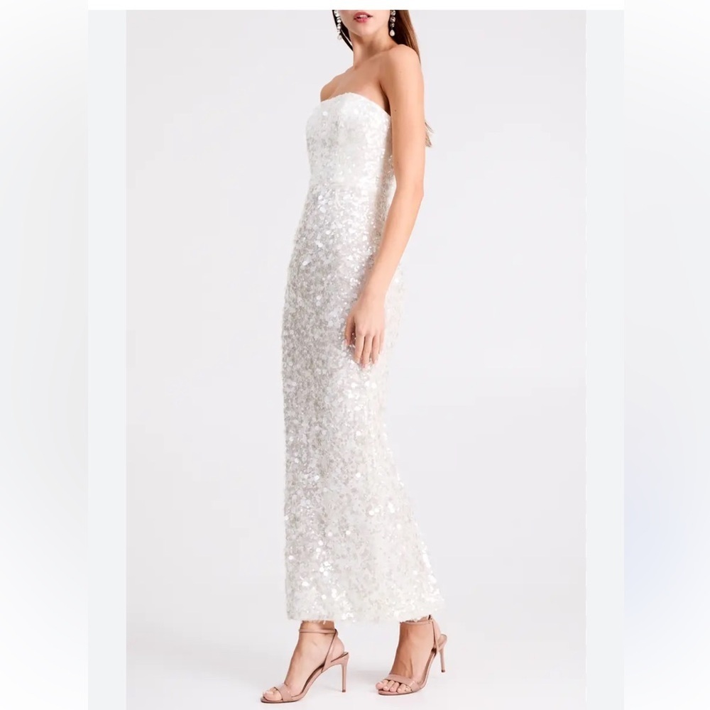 Helsi Leslie Strapless White Silver Sequin Midi Dress M Medium